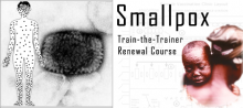 Collage of images including a microscopic view of smallpox, and a photo of a small child with smallpox 